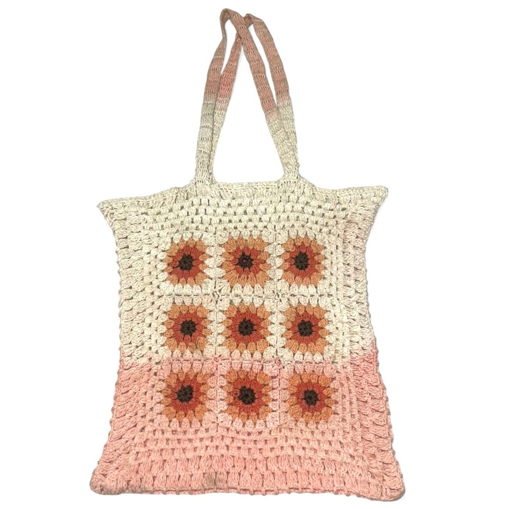 Crochet Tote Bag in Cream and Pink, American Flirt -  Crochet Shoulder Bag